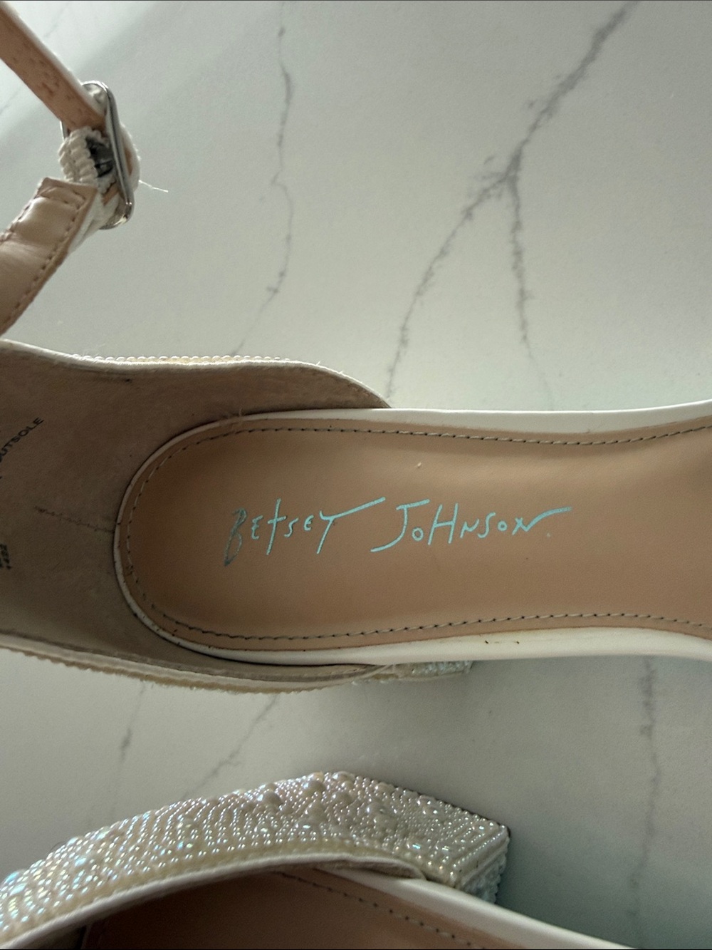 Betsey Johnson White Pearl-Embellished Block Heel Sandals - Picture 2 of 4